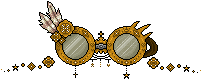Pixellated divider image of brass goggles outfitted with feathers and gears, animated with sparkles.
